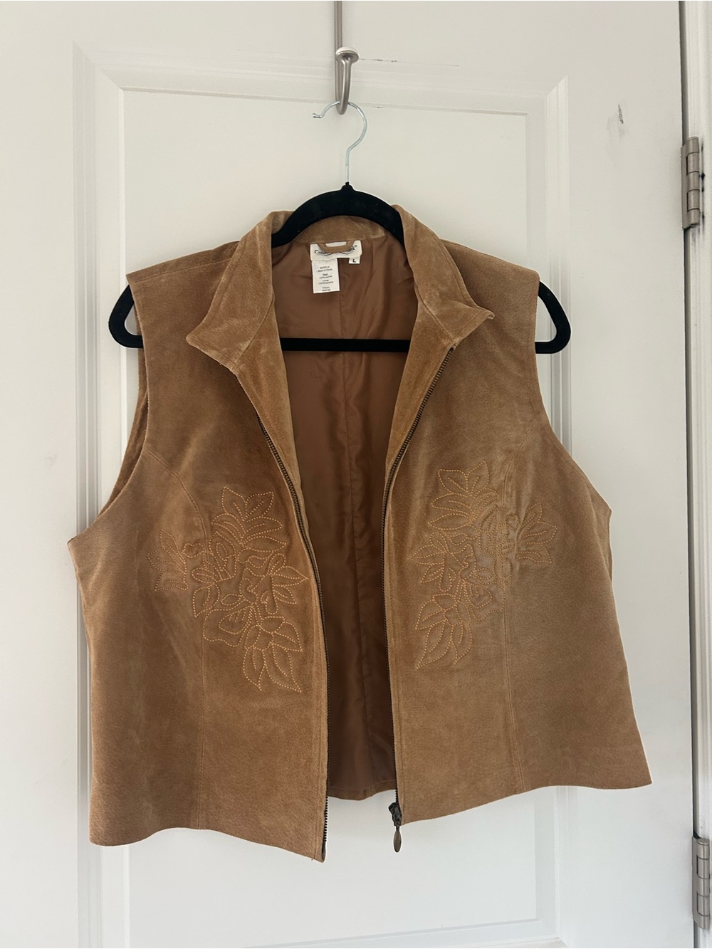 Coldwater Creek Tan Suede Zip-Front Vest with Floral Embroidery